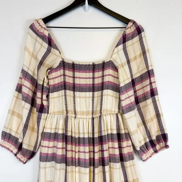 Marine Layer Ivy Smocked Maxi Long Plaid Dress Beige Purple - XS - Picture 2 of 9